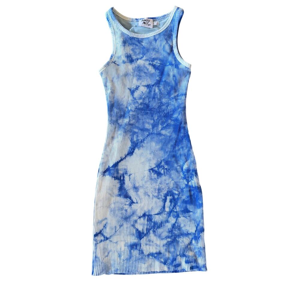 Princess Polly Blue Tie Dye Ribbed Mini Dress Size 2 Y2K Bodycon Tank Summer